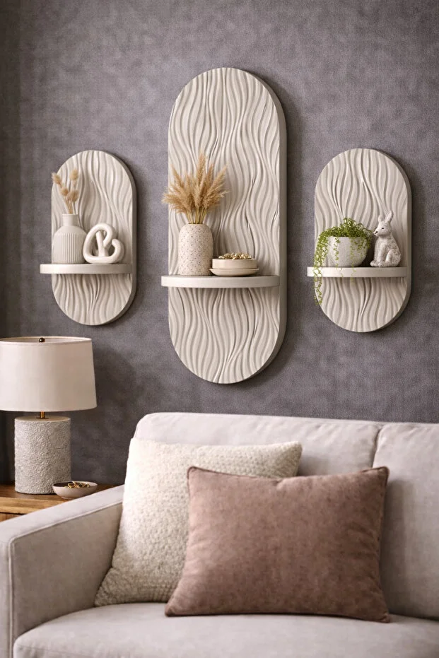 SATEN KUMSAL -3' LÜ TAKIM Dekoratif Membran Duvar Rafı (75X25cm)(40 CMX25 CM)